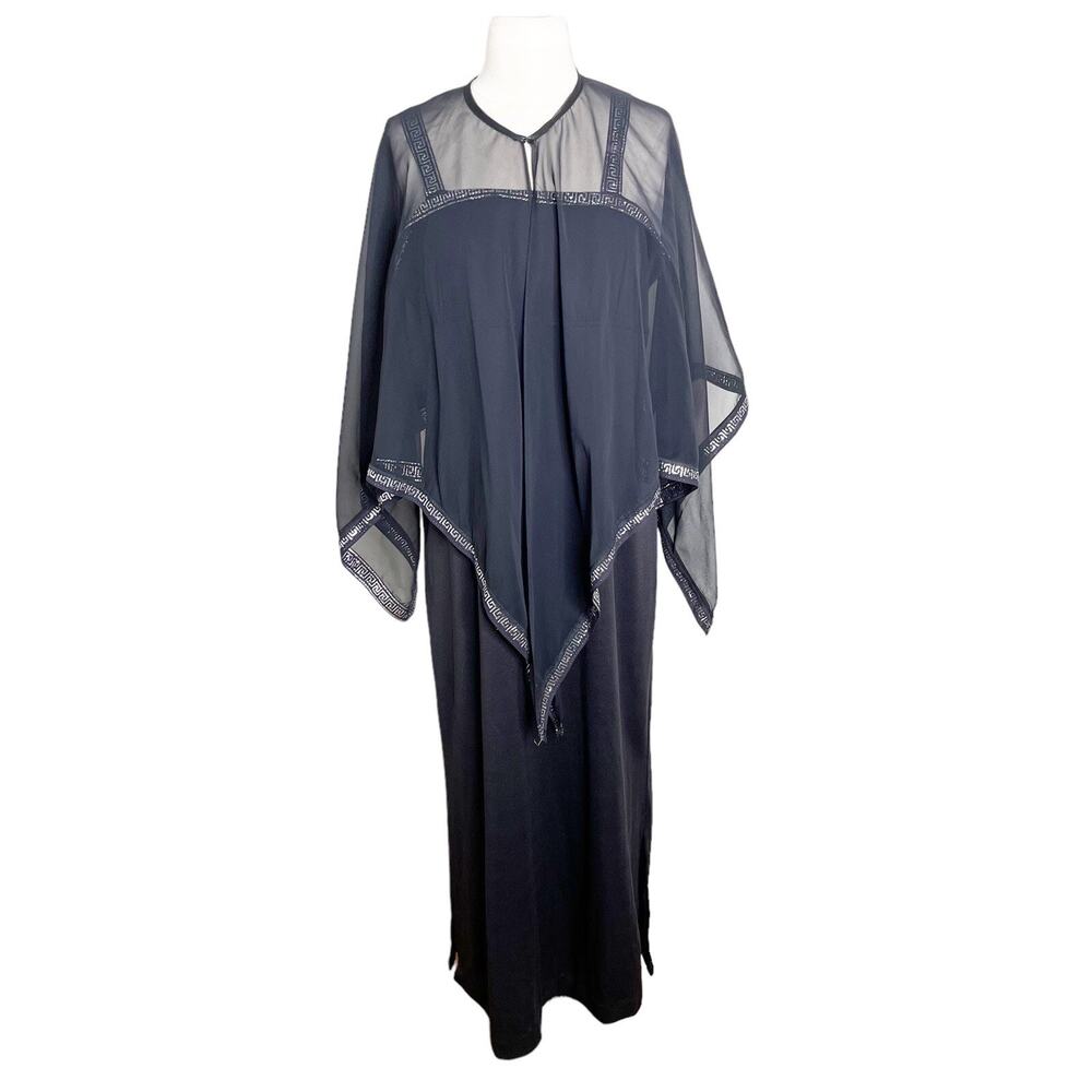 Vintage 70s Black Maxi Dress‎ Size M/L Cape Shawl Greek Metallic Trim Sleeveless